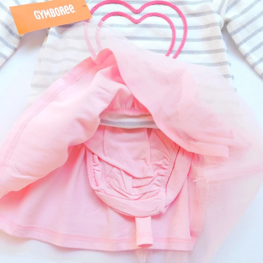 Gymboree Baby‎ Girls Pink Knit Tutu Dress Set 6-12 Mo Heart Applique Long Sleeve